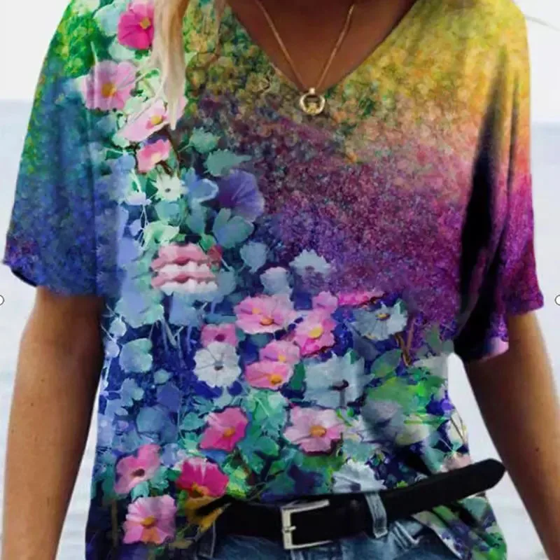 

Ladies V Neck Fashion Plus Size Clothing Printed T Shirt Summer Casual Loose Short Sleeve Top
