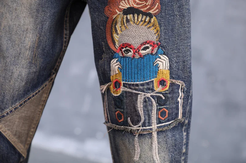 

Plus Size Women's Cute Girl Embroidery Jeans Casual Patchwork Elastic Waist Denim Pants