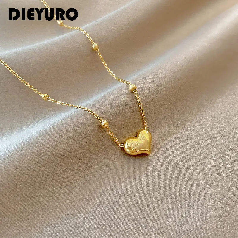 

DIEYURO Stainless Steel Romantic Love Heart Pendant Necklace For Women Vintage Simple Gold Color Beads Chain Choker Jewelry Gift