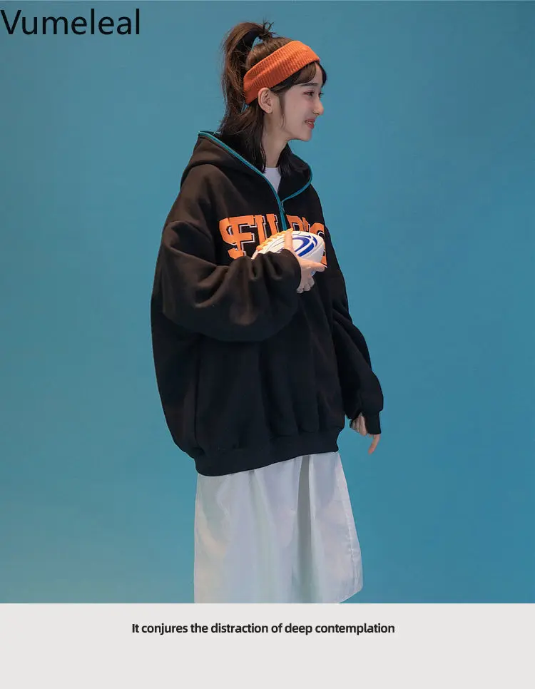 

Preppy Style Spliced Print Loose Hooded Hoodie Hoodie Spring and Autumn, Japanese and Korean Versatile Zipper Cardigan Jacket