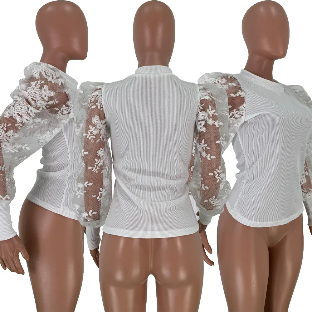

2020 new fashion lace puff sleeve top woman shirts womens tops and blouses