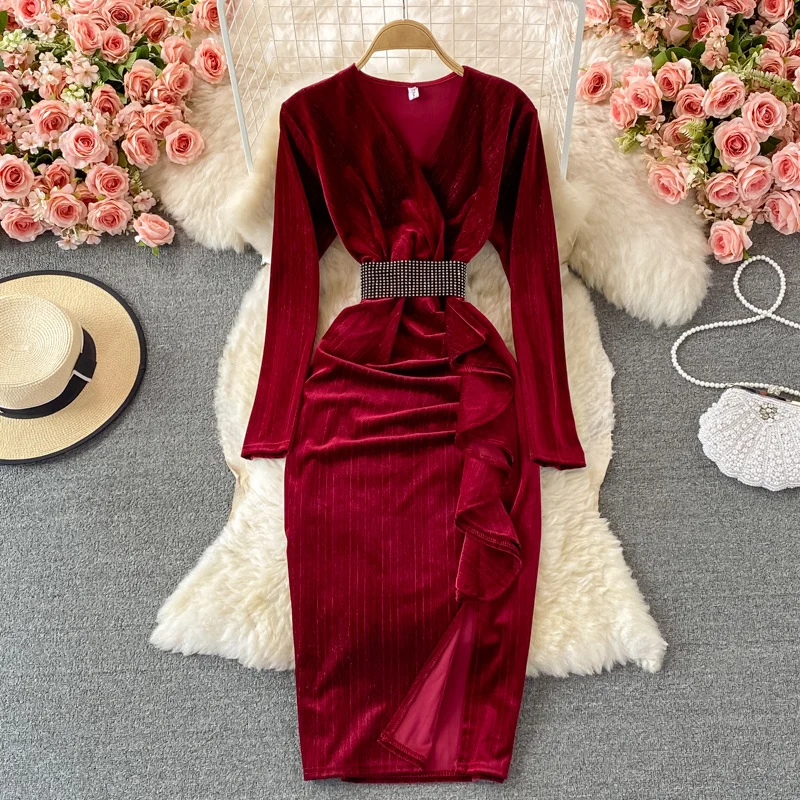 

Autumn Winter 2021 New V-neck Bright Silk Velvet Dress Party Feminine Hip Wrap Women Dress Evening Ruffle Long Dress