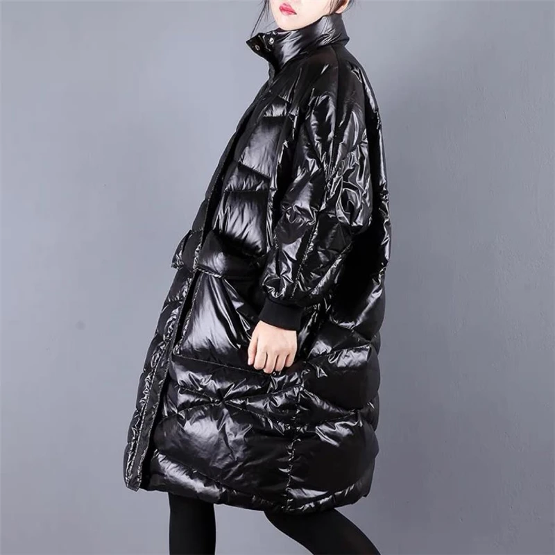 Женский длинный пуховик черный свободный с рукавом летучая мышь верхняя одежда