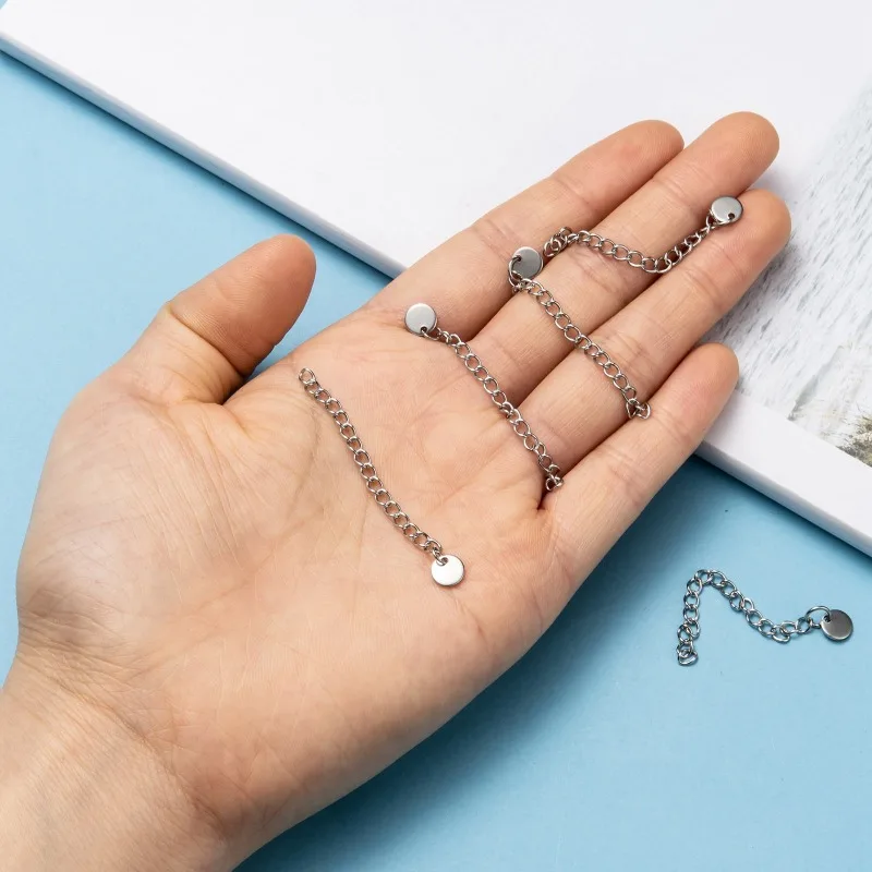 100 Strands 304 Stainless Steel Chain Extender with Flat Round Charms for Jewelry Making DIY Bracelet Necklace 56x3mm