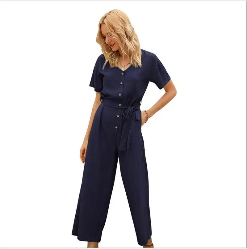 Summer Fashion Solid Color Jumpsuit Women Round Neck Short-Sleeve Women Rompers Color Waistband Single Breasted Jumpsuit