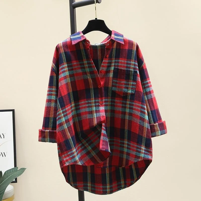 

Women Plaid Shirt Blouses All-Match Long Sleeve Oversize Checked Jacket Tops Autumn Casual Turndown Collar Shirts Outwear Y554