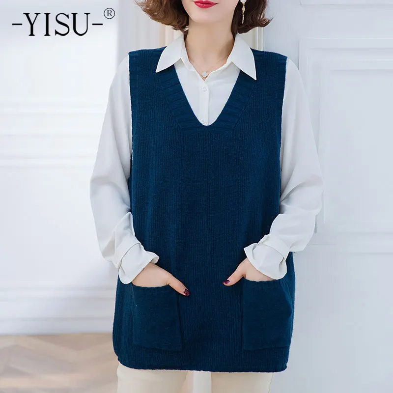 

Женский весенний свитер YISU, длинный однотонный джемпер без рукавов с V-образным вырезом, Женский Повседневный Свободный вязаный пуловер с к...