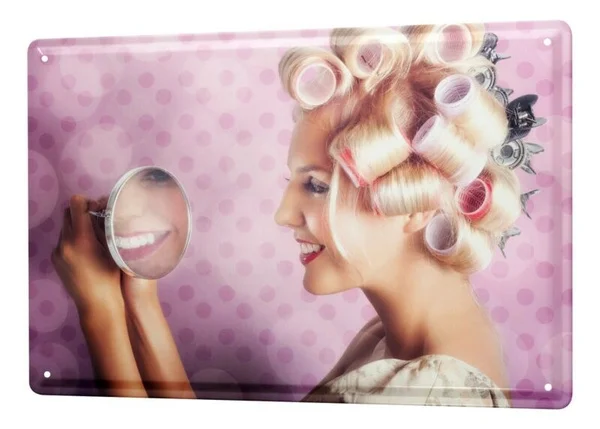 

Tin Sign pin up metal blate poster Model dress blonde hair curler makeup makeup