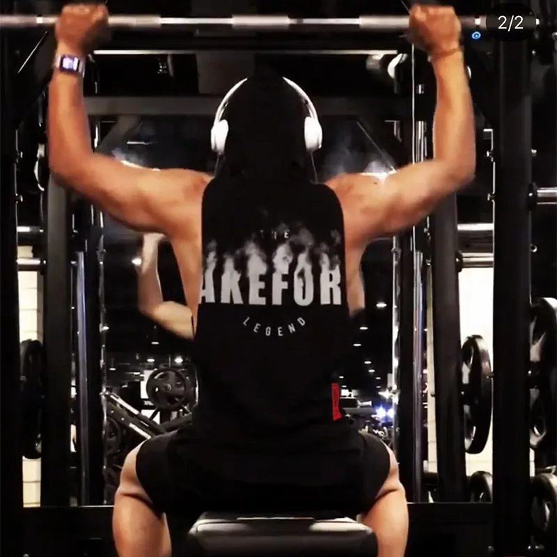 

2021Men Gym Bodybuilding Tank top Cotton Fitness Training Hooded Vest Muscle Guys Sleeveless Gyms Hoodie Vest