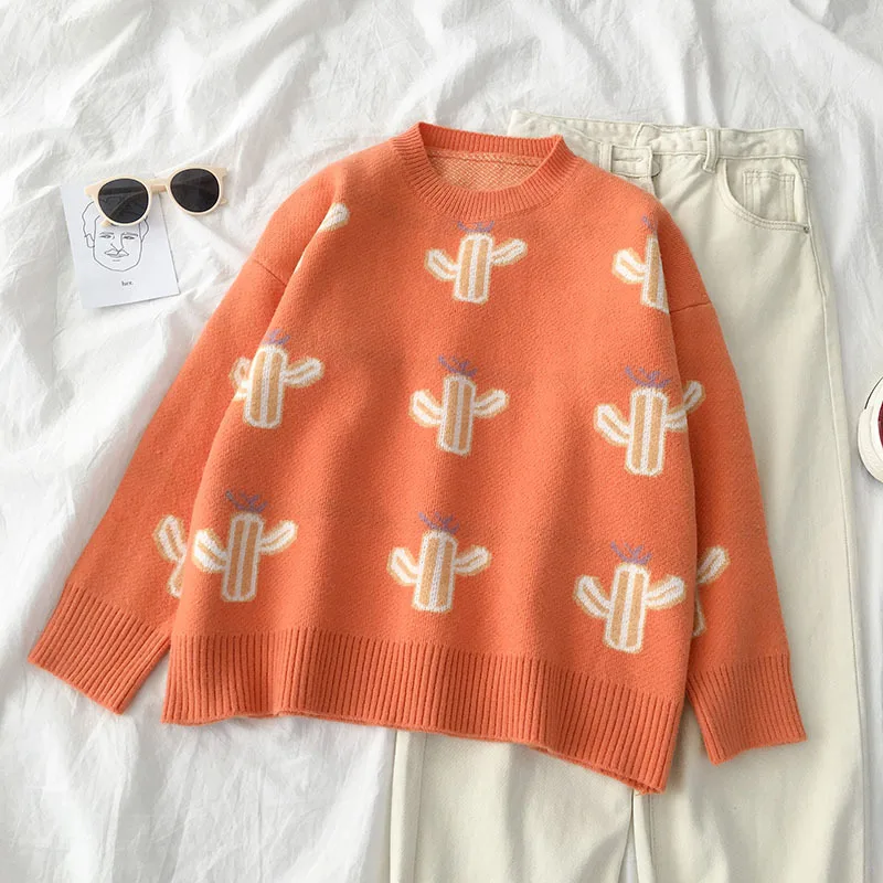 Gaganight оранжевый кактус милый свитер для девочек повседневный свободный Женский