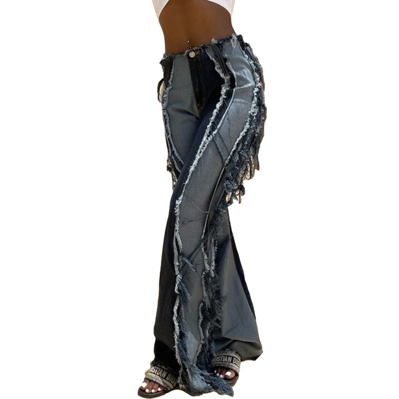 

2021 Summer Women's New Fashion Contrast Color Street Shooting Tasseled High Waist Straight Casual Denim Trousers