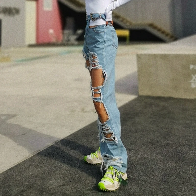 Женские джинсовые брюки TWOTWINSTYLE Асимметричные Длинные прямые с высокой талией 2020