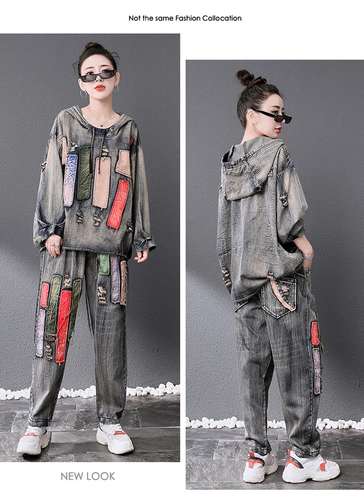 売る デニムツーピースセットジーンズスーツフード付きパッチジーンズパンツ流行の女性の服の高級ヒップスター韓国部屋着レトロ2ピースセット