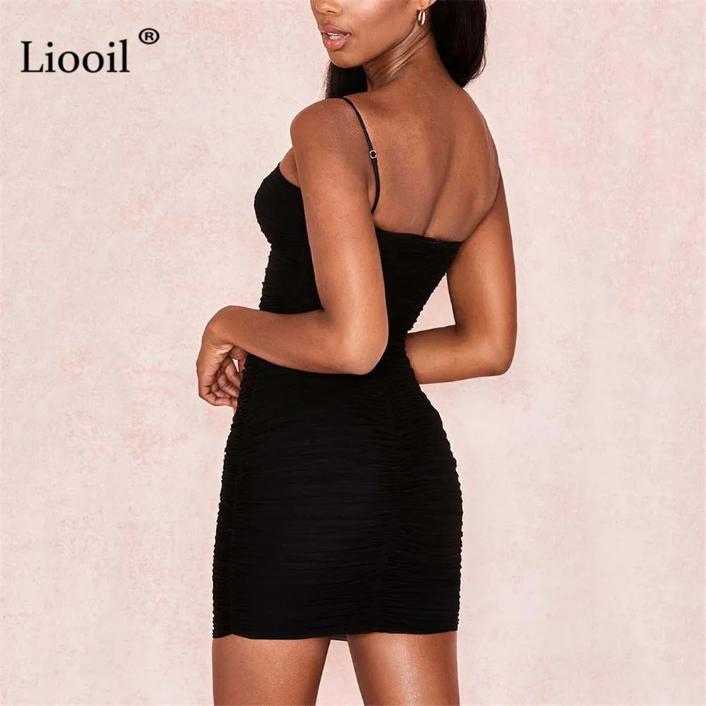 

Liooil Sexy Mesh Sheer Ruched Mini Dress Women 2021 Spaghetti Strap Backless See Through Black White Party Sexy Bodycon Dresses