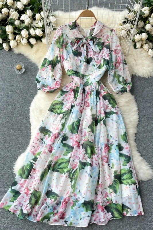 

Floral dress French long noble and elegant temperament women's sweet bow tie slim chiffon holiday skirt