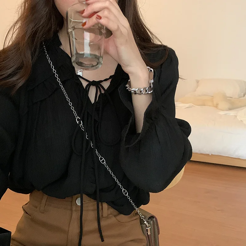 Женская кружевная рубашка с V-образным вырезом длинным рукавом | одежда