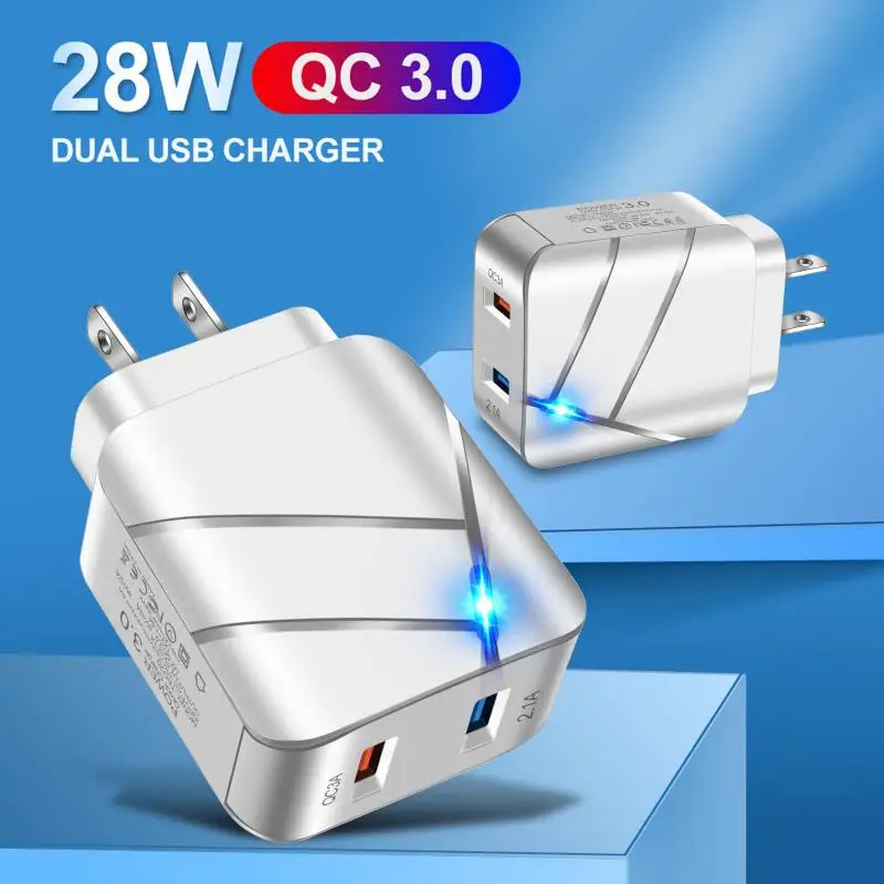 

QC3.0+2.1A Double Port Phone Charger 28W Fast Charging Power Adapter Travel Charging Head for iPhone Huawei Samsung Xiaomi