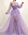 3D Цветочные кружевные платья на выпускной с аппликацией светильник Фиолетовый Тюль с длинным рукавом сбоку Разделение вечерние платья с высоким воротом халат de Вечер de mariage
