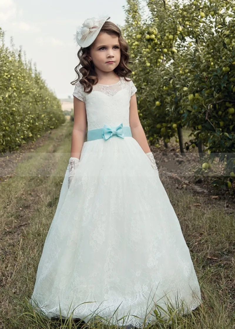 

Princess A Line White Ivory Flower Girl Dress Lace Sheer Neck Sleeveless Girls First Communion Dress Pageant Gown