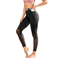 women stretchy gym tights tummy control mesh patchwork yoga pants with 2 pocket high waist sport leggings push up running pants
