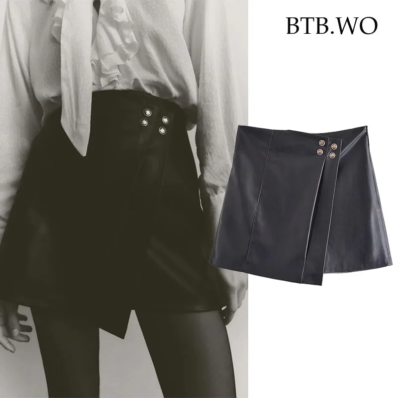 

Женская мини-юбка с пуговицами BTB.WO, винтажная юбка из искусственной кожи с высокой талией и боковой молнией, 2021