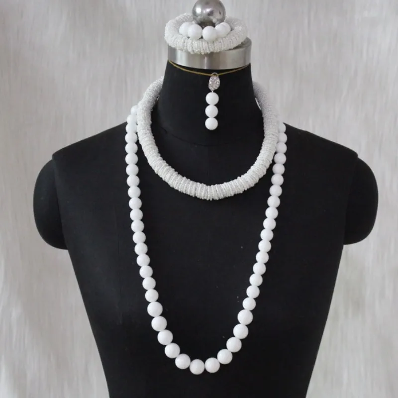 

DUDO Store Fashion Nigerian For Women White Crystal Beaded Dubai Jewellery Set 2 Layers Beautiful Fine Jewelry Necklace Set