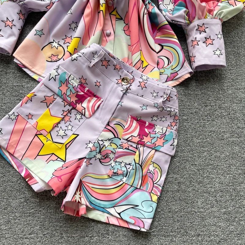 

2021 Autumn Two Piece Set Women Shorts Sets Printed Long Sleeve Blouse Tops And High Waist Shorts Female Fashion 2 Piece