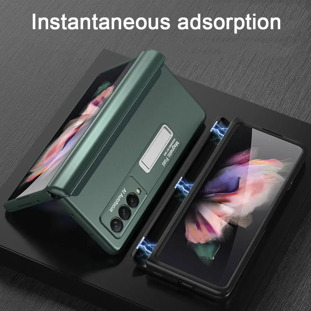 for samsung galaxy z fold 3 fold3 5g case hinge magnetic adsorption kickstand ultra thin hard plastic phone cover case free global shipping