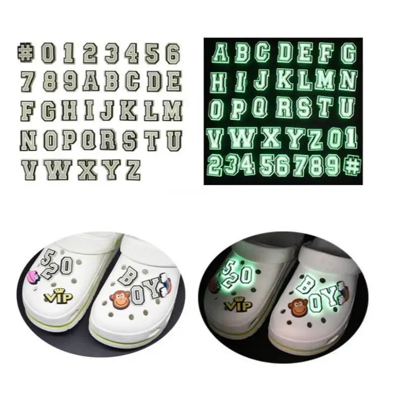 

Luminous 26 Letter Digital Shoe Charms For Crocs Wholesale Shoe Accessories Bracelets Kids Gift Shoe Buckle Glow PVC Soft Glue