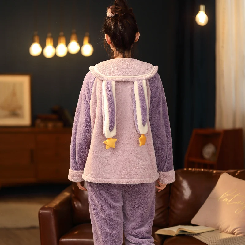 

Winter Pajamas Women Sleepwear Col Claudine Doll Collar Coral Fleece Loose Version Intensification Keep Warm Lapel Flannel