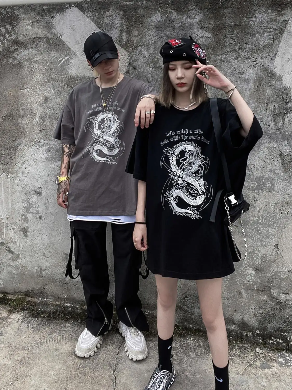 Футболка свободная с принтом дракона уличный стиль|Повседневные рубашки| |