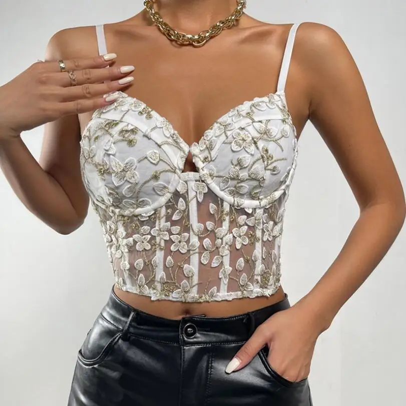 

Бюстгальтер для коррекции фигуры, женское нижнее белье, корсет с вышитыми цветами, сетчатая Прозрачная майка, модные короткие топы, бюстгальтер без рукавов 2022 w163