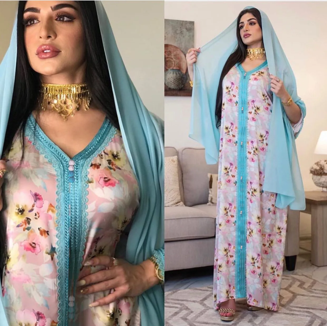 Eid Mubarak Новые мусульманские Модные женские элегантные Abaya Дубай Турция вечерние платья Кафтан богемные Цветочные Abayas кимоно F2859