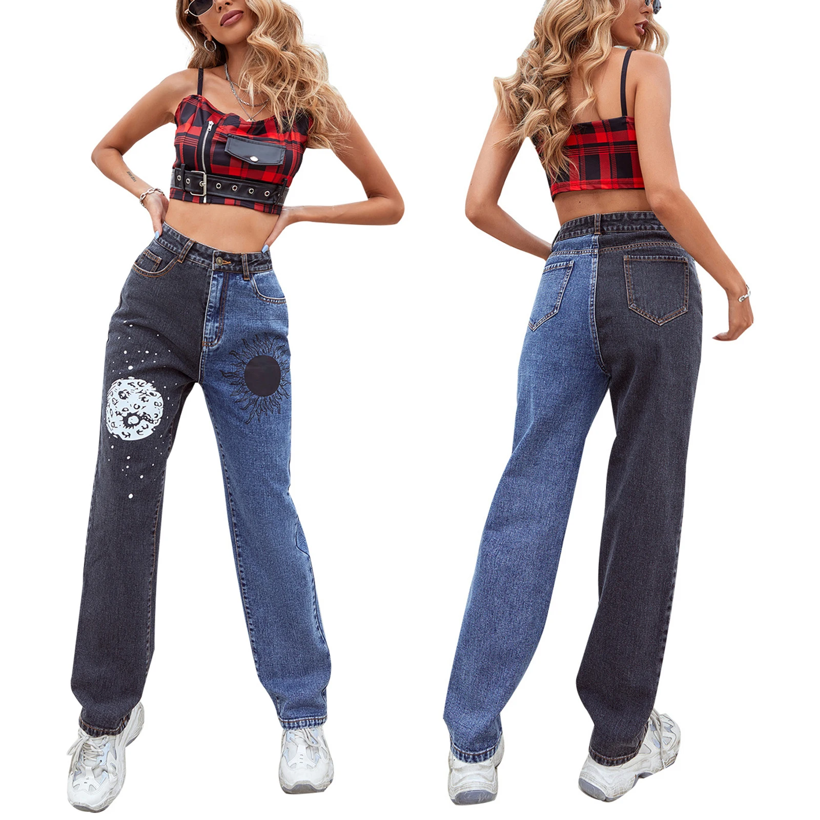 Women Variegated Color Jeans with Pockets High Waist Straight-leg Trousers XS/ S/ M/ L |