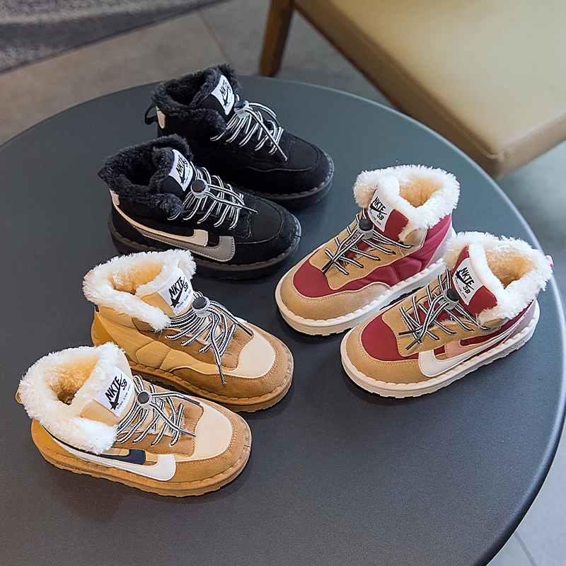 

Winter Plush Warm Kids Sneakers Fashion PU Leather Thick Slip On Short Shoes For Boys Girls Soft Anti Slip Children Casual Shoes