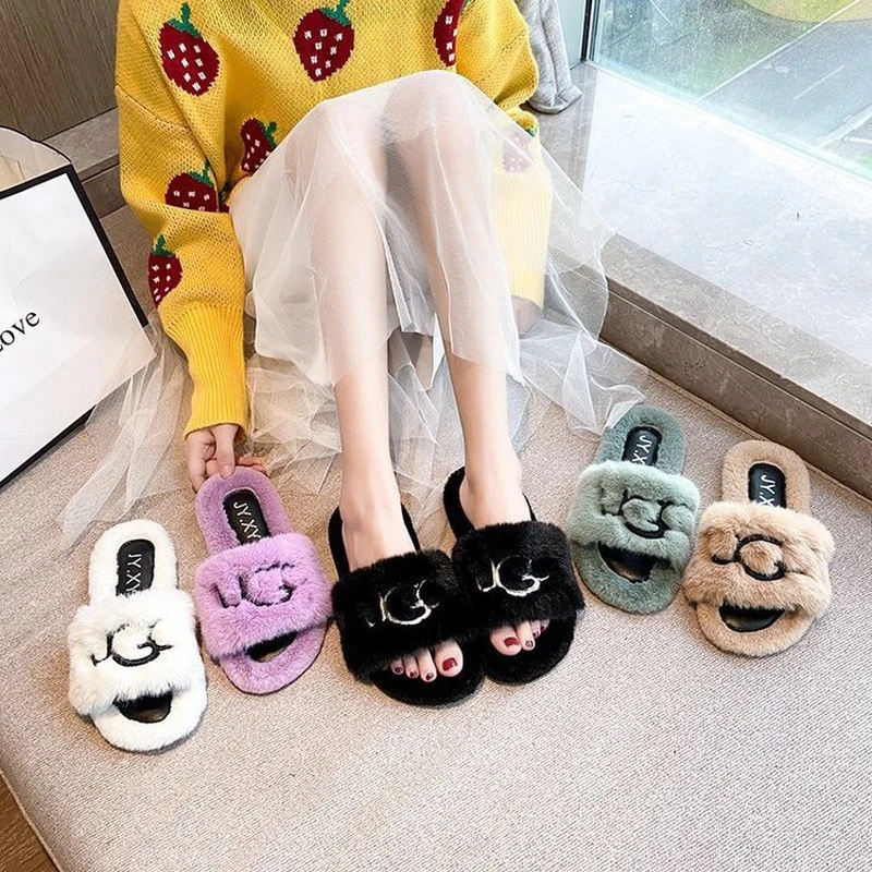 

2021 New Fashion And Popular Iadies Home Non-Slip Casual Slippers Comfortable Furry Flat Sandals Female Cute Artificial Fur