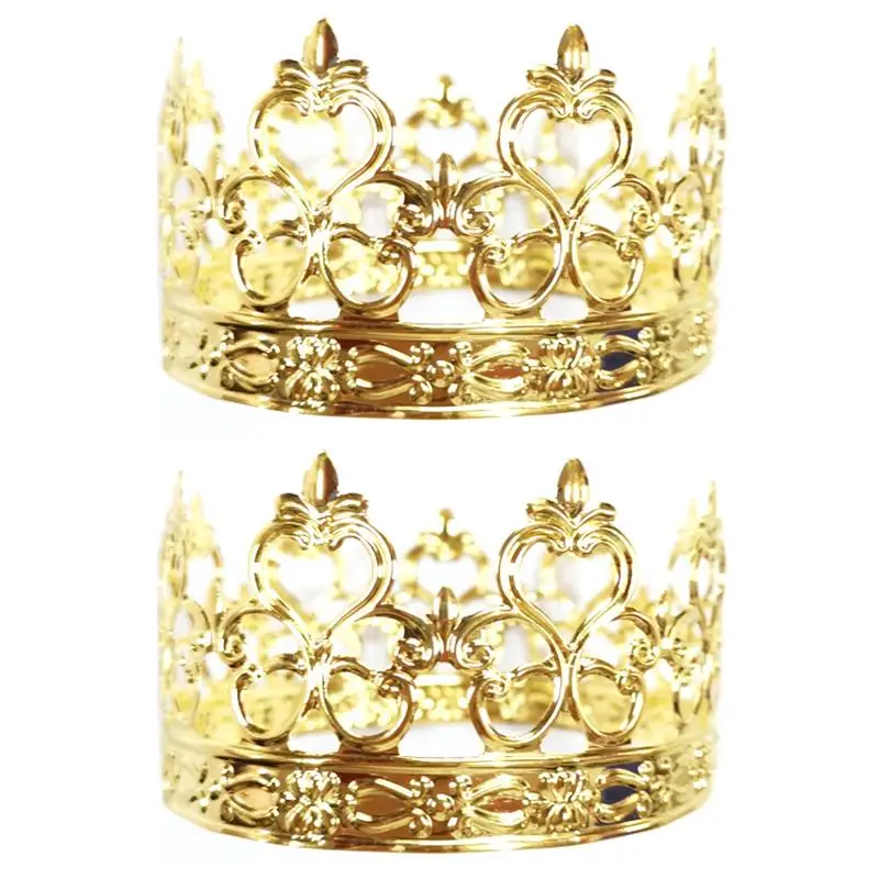 

2pcs Gold Round Crown King Queen Kids Crown Hollow Iron Patterned Crown Cake Decoration For Party Birthday Supplies Christmas