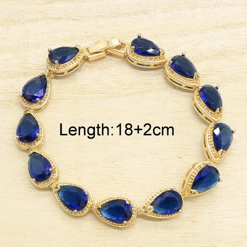 Classic Blue Big Oval Bridal Jewelry Set for Women Gold Color Bracelet Earrings Necklace Pendant Ring With Gift Box | Украшения и
