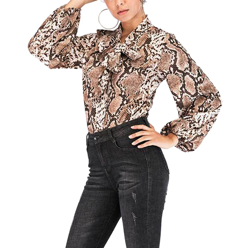 

New Bow Tie Snake Print Single Breasted Elegant Blouse Women 2020 Spring Autumn Fashion Office Ladies Shirts Korean Vintage Tops