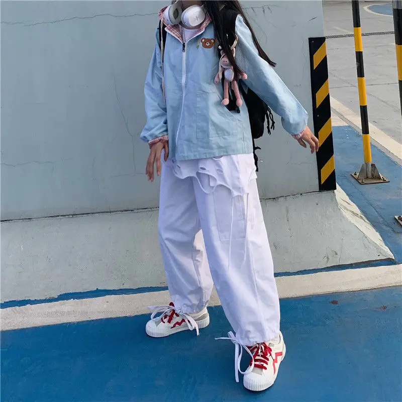 

Japanese retro wide leg pants female student Korean loose casual pants BF wind port style drawstring binding white overalls