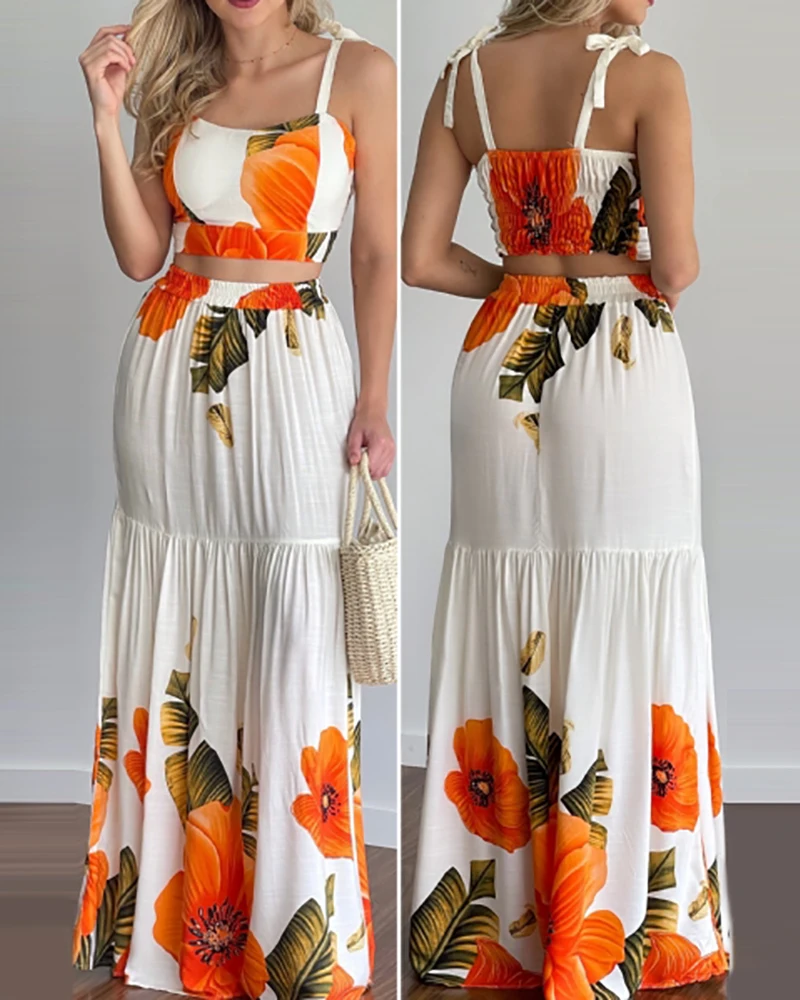 

Женский комплект из 2 предметов, летний топ с цветочным принтом и юбка макси с завязками, 2021