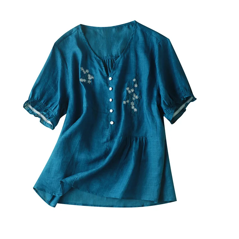 

SHUCHAN Women-blouses Prairie Chic Embroidery Floral Ramie V-Neck Button Women Shirts Blouses Thin 96% and Above