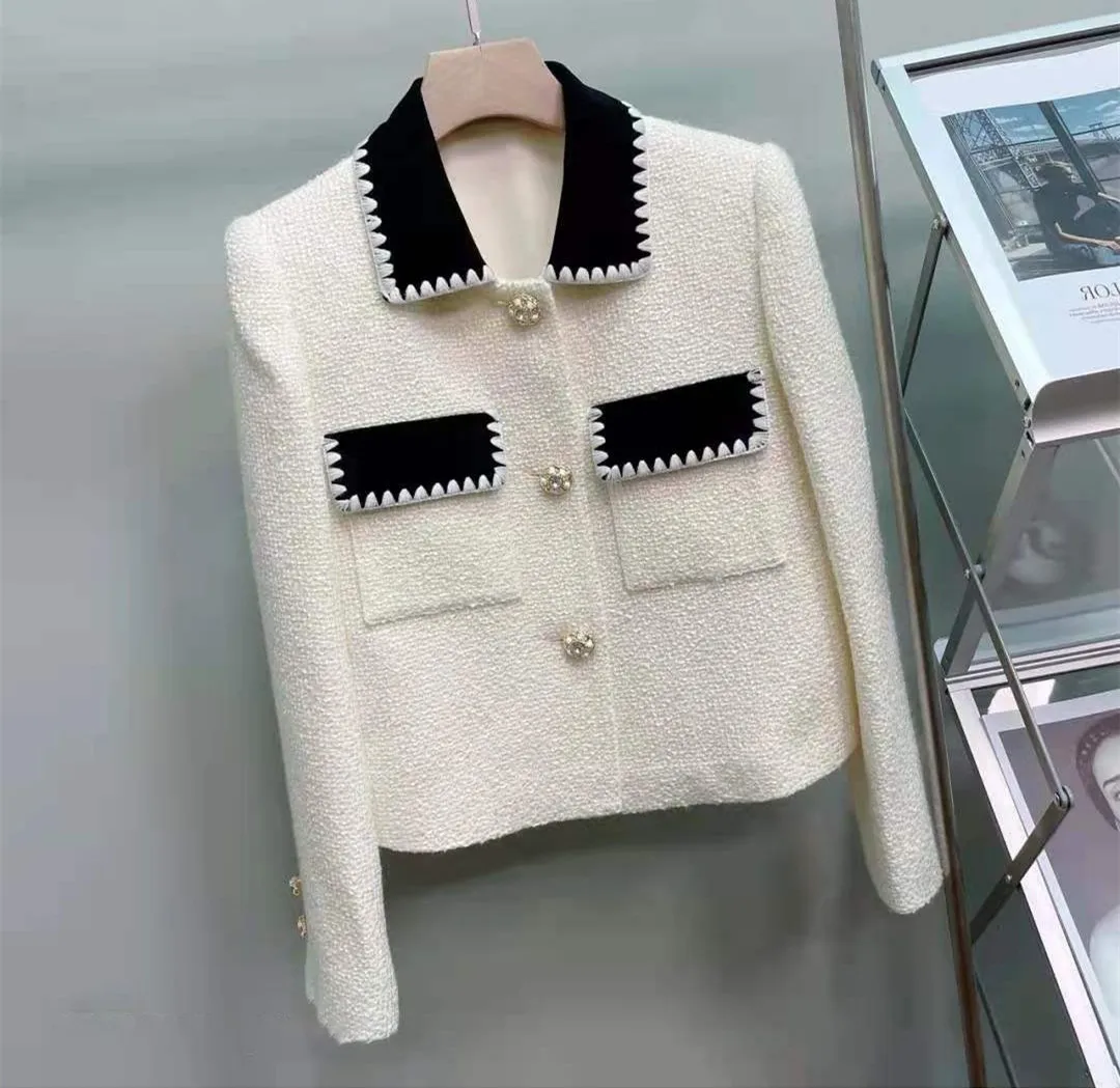 

Fashion Tweed Jacket Contrast Color Peter Pan Collar Woolen Outerwear Female Short All Match Slim Vintage Ladies Top New Arrive