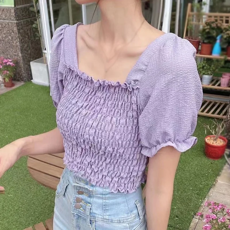 

Summer Casual Blouses Fashion Short Sleeve Slim Shirt Women Square Collar Blouse Top