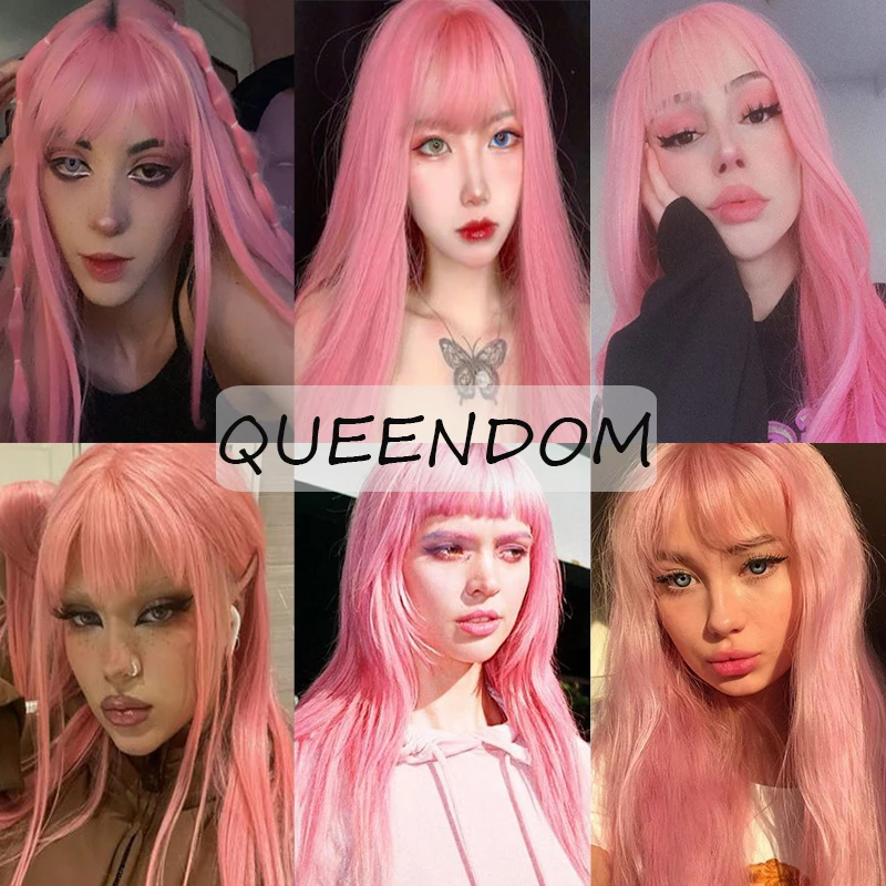 Длинные прямые синтетические парики розового цвета с челкой естественные