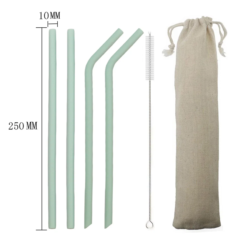 grass green 250mm 6 шт./компл. красочное питье силиконовая трубочка набор 23 см 25 см пищевой соломинки для путешествий многоразовая солома с кистью сумка для хранения - Цвет: grass green 250mm