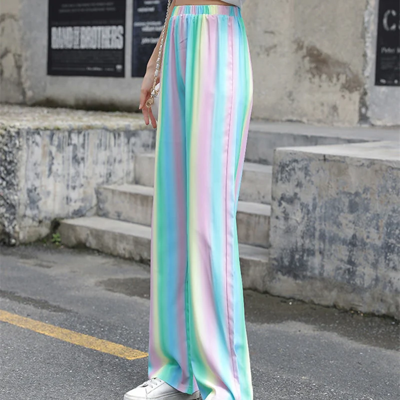 

Mandylandy Women Elastic High Waist Rainbow Color Straight Pants Ladies Casual Fashion Streetwear Style Wide Leg Trousers