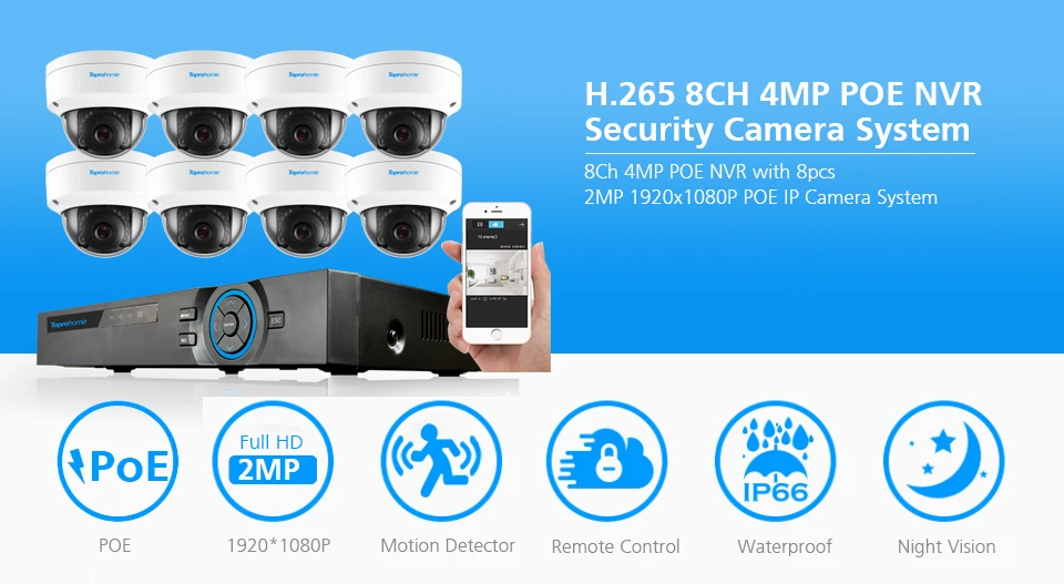 TOPROHOIME H.265+ 8CH POE NVR комплект 48 В 2MP 1080P VandalProof аудио запись звук камеры безопасности 2MP камера ночного видения