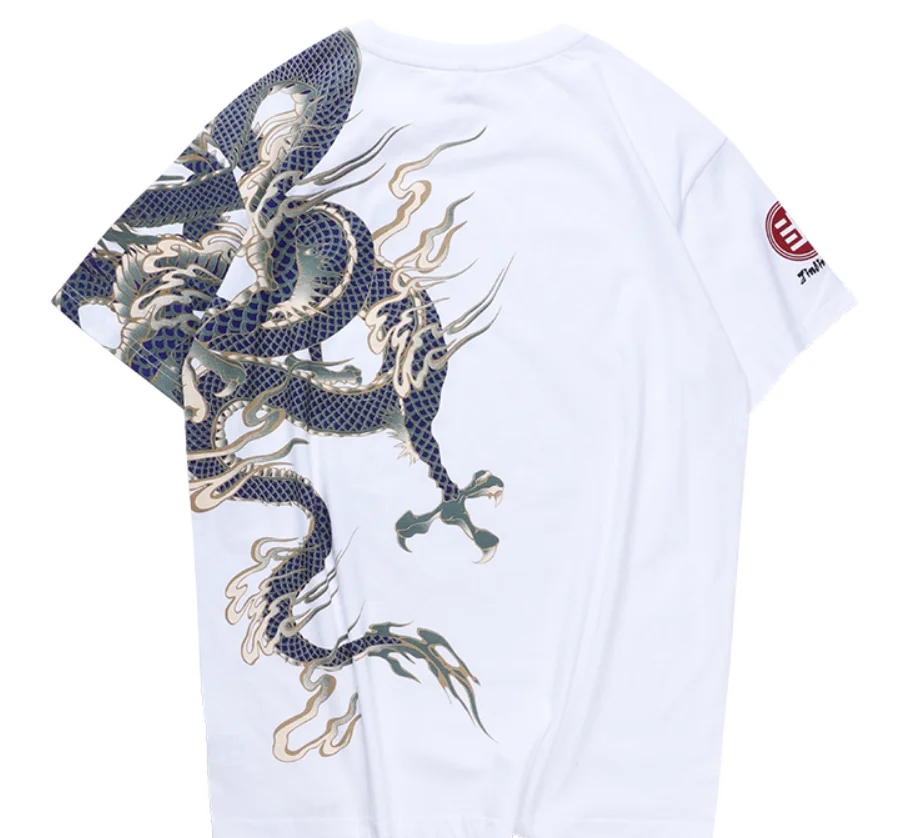 Printing Short Men's Sleeve T-Shirts Japan Style Loose Hip Rock Dragon Tattoo 100% COTTON Tops Tees | Мужская одежда