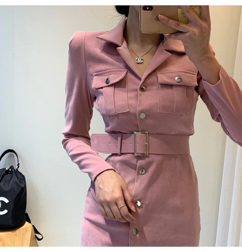 Trytree Autumn Winter Women Casual Dress Turn-down Collar Single Breasted Pockets Belt 5 Colour Slim fit Fashion Mini Dress
